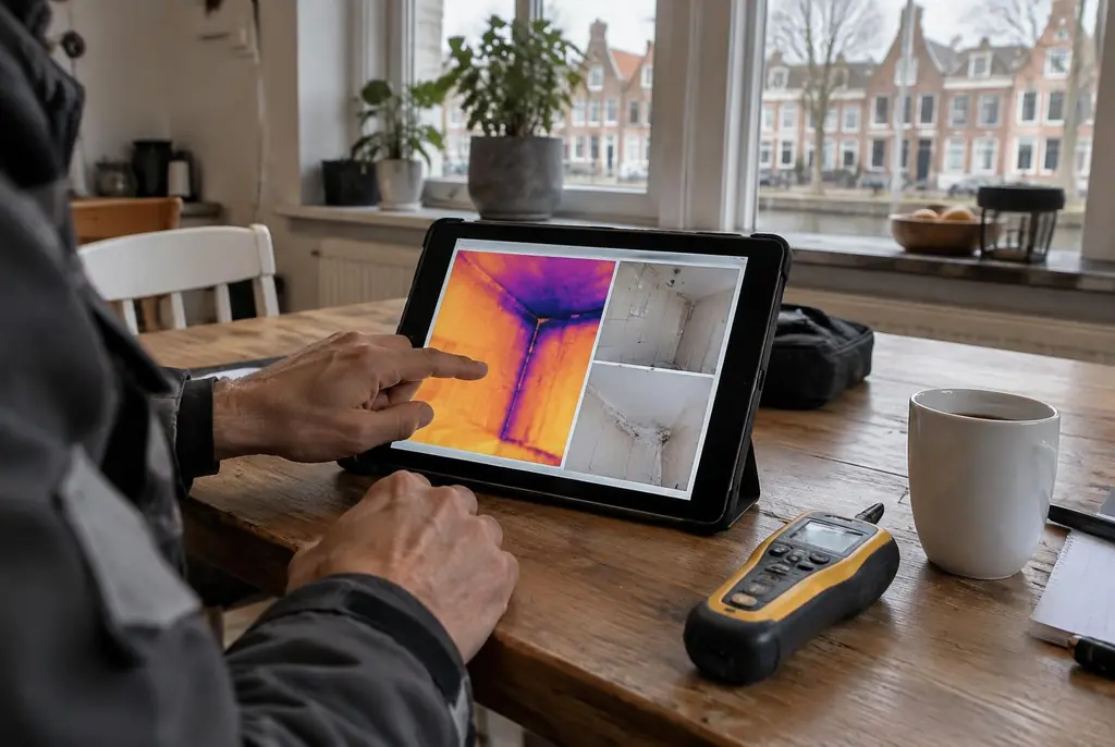 Lekdetectie Drunen – lekdetectierapport met warmtebeelden en foto's op een tablet
