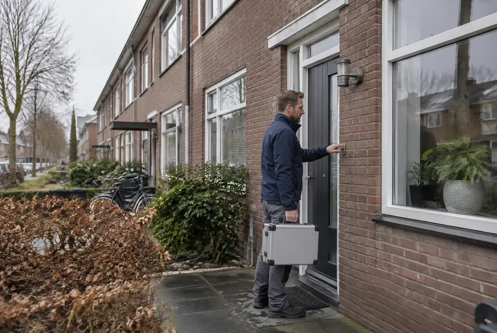 Lekdetectiespecialist met meetkoffer bij de voordeur van een woning in Drunen